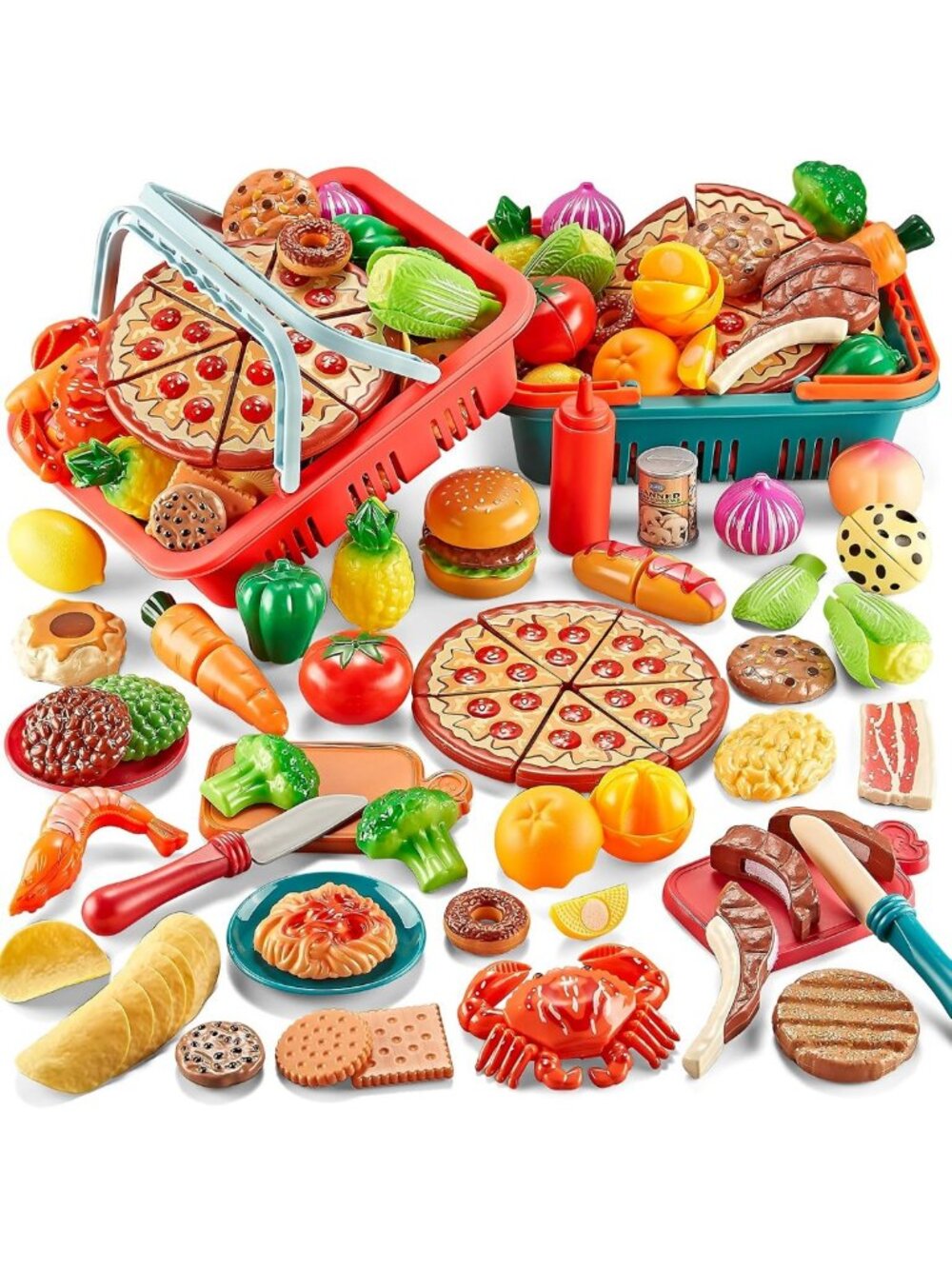 80PC Kids Play Food Set - Pretend Kitchen Accessories, Toy Food & Picnic Baskets